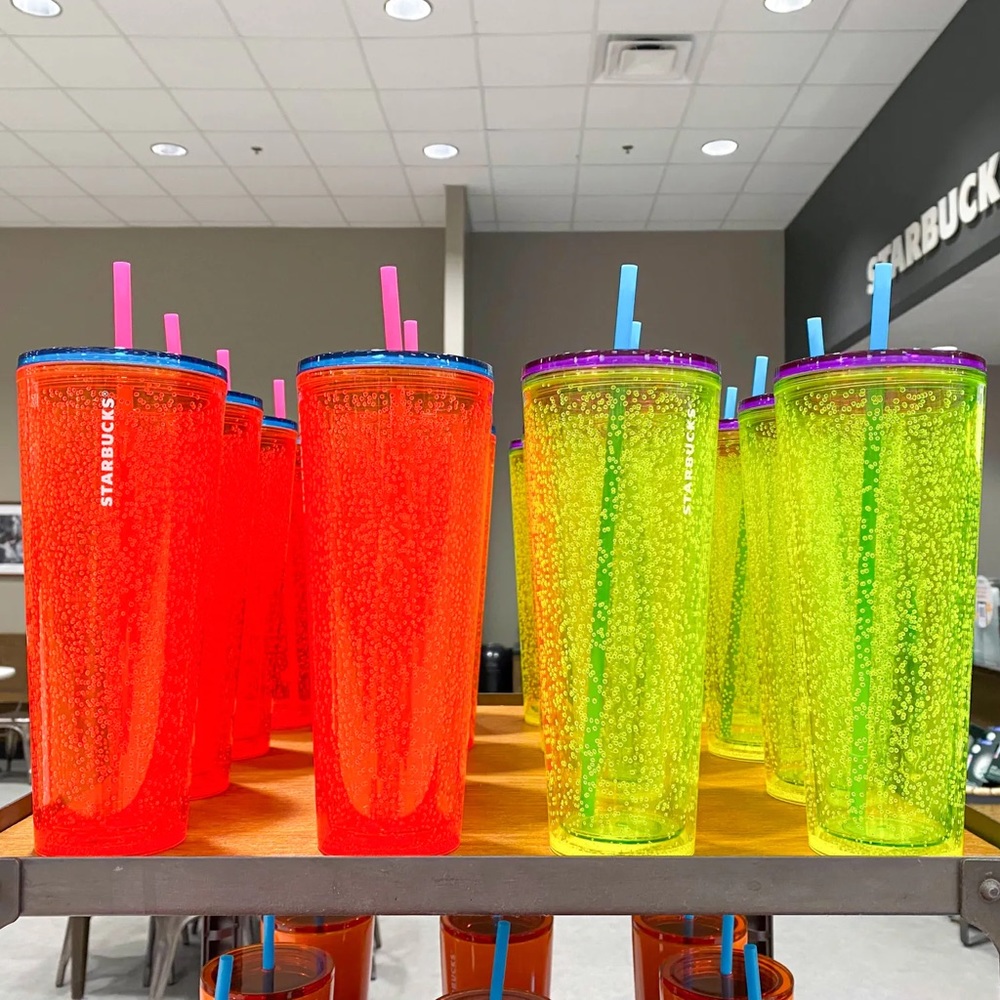 Starbucks Summer 2023 Tri-Colored Fluorescent Neon Yellow Bubble Cold Cup - Picture 8 of 9